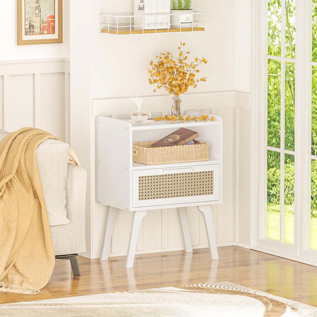 Lerliuo Rattan Nightstand, Boho Side Table with Drawer Open Shelf