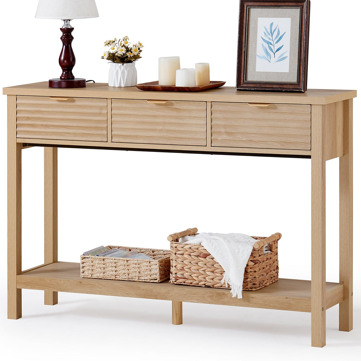 LEYAOYAO 47.2" Fluted Console Table with 3 Drawers, Blue Entryway Table