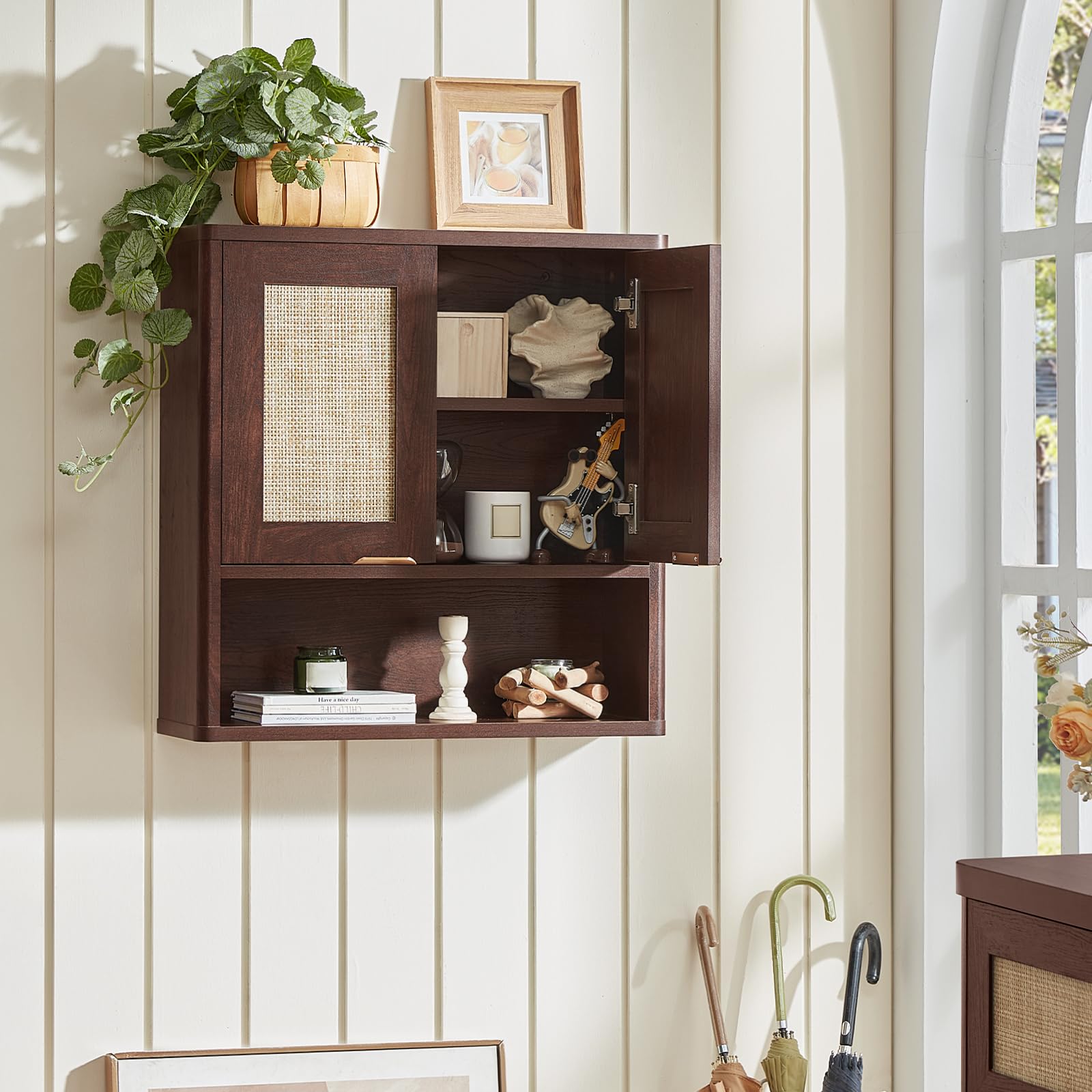 LEYAOYAO 68" Boho Over the Toilet Storage Cabinet with Rattan Sliding Door