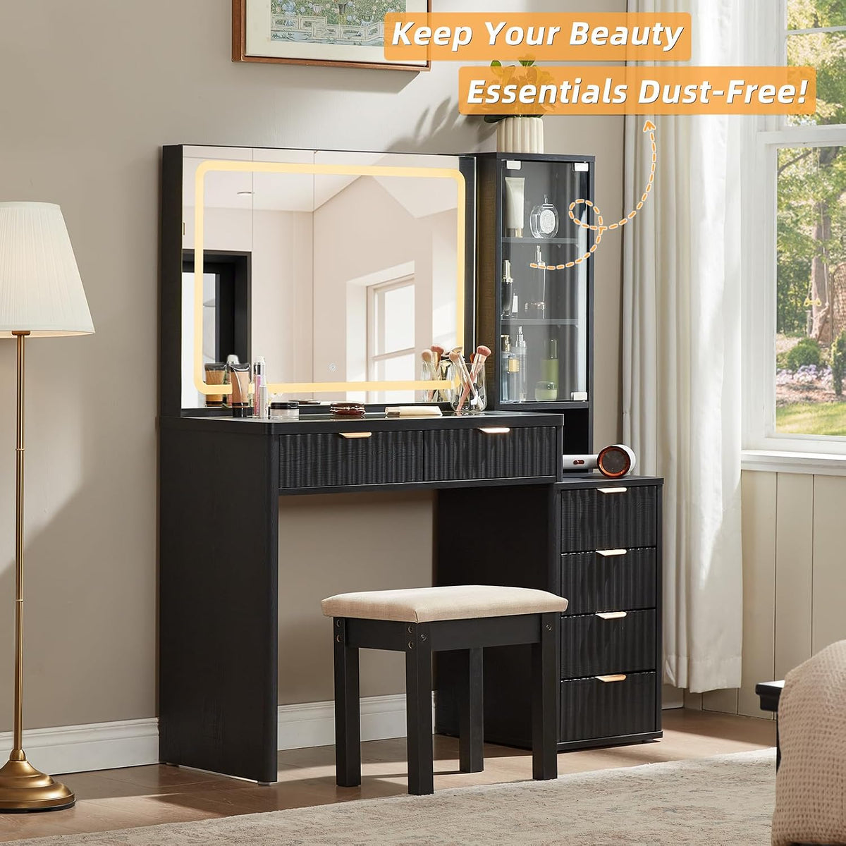 LEYAOYAO Fluted Makeup Vanity Desk with Mirror and Lights, Stool Sets