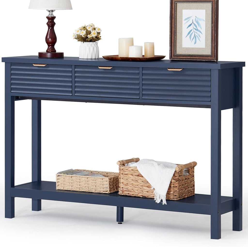 LEYAOYAO 47.2" Fluted Console Table with 3 Drawers, Blue Entryway Table