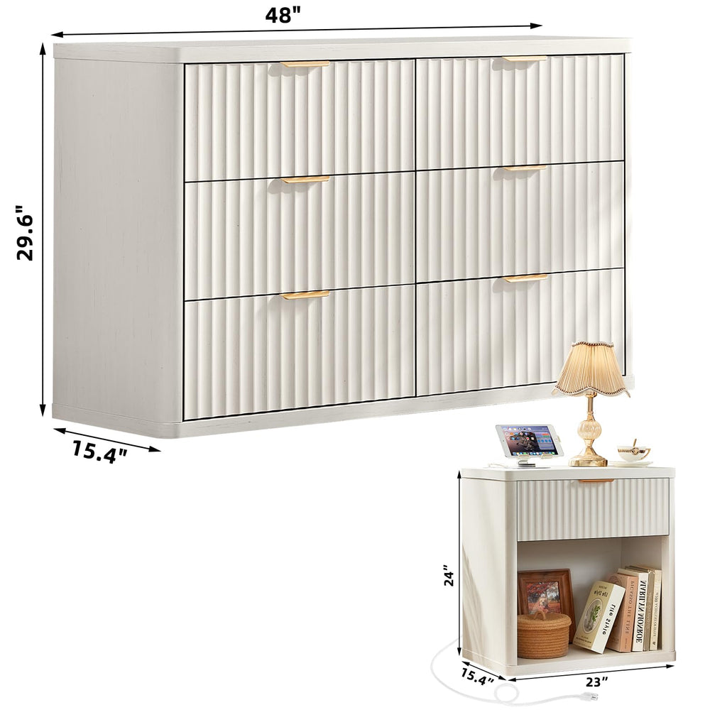 LEYAOYAO 48" Wide Fluted Dresser and 1 Drawers 23" Nightstand Set of 2, Wooden Dresser & Night Stand with Charging Station, 3 Piece Bedroom Furniture Set, Chest of Drawer for Living Room,Antique White