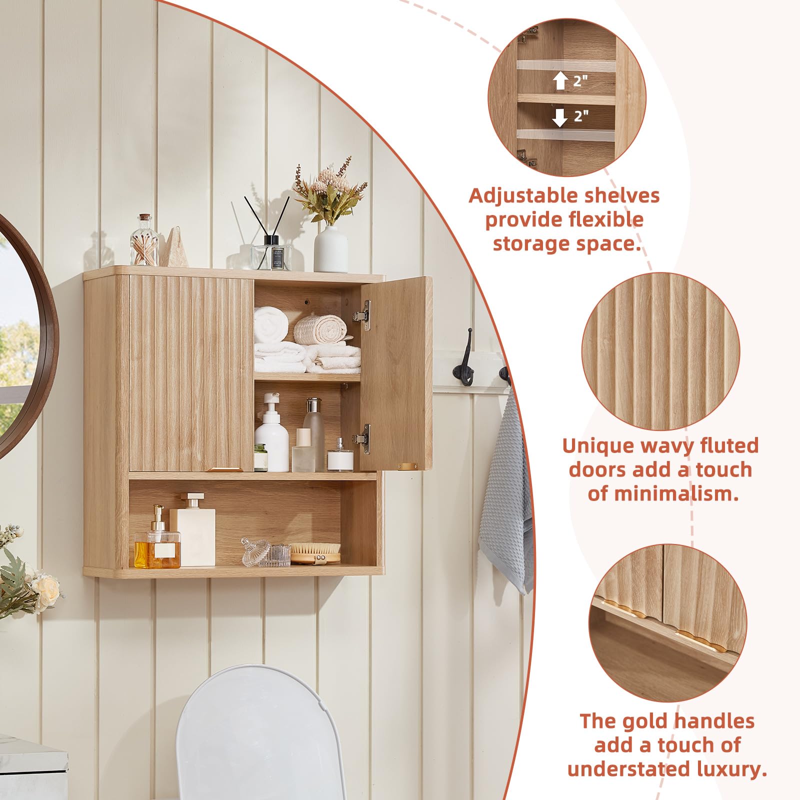 LEYAOYAO Fluted Over The Toilet Storage Cabinet & Bathroom Wall Cabinet Set of 2, Farmhouse Above Toilet Organizer, Medicine Cabinet w/Adjustable Shelf & Doors for Laundry Living Room Kitchen(Black)