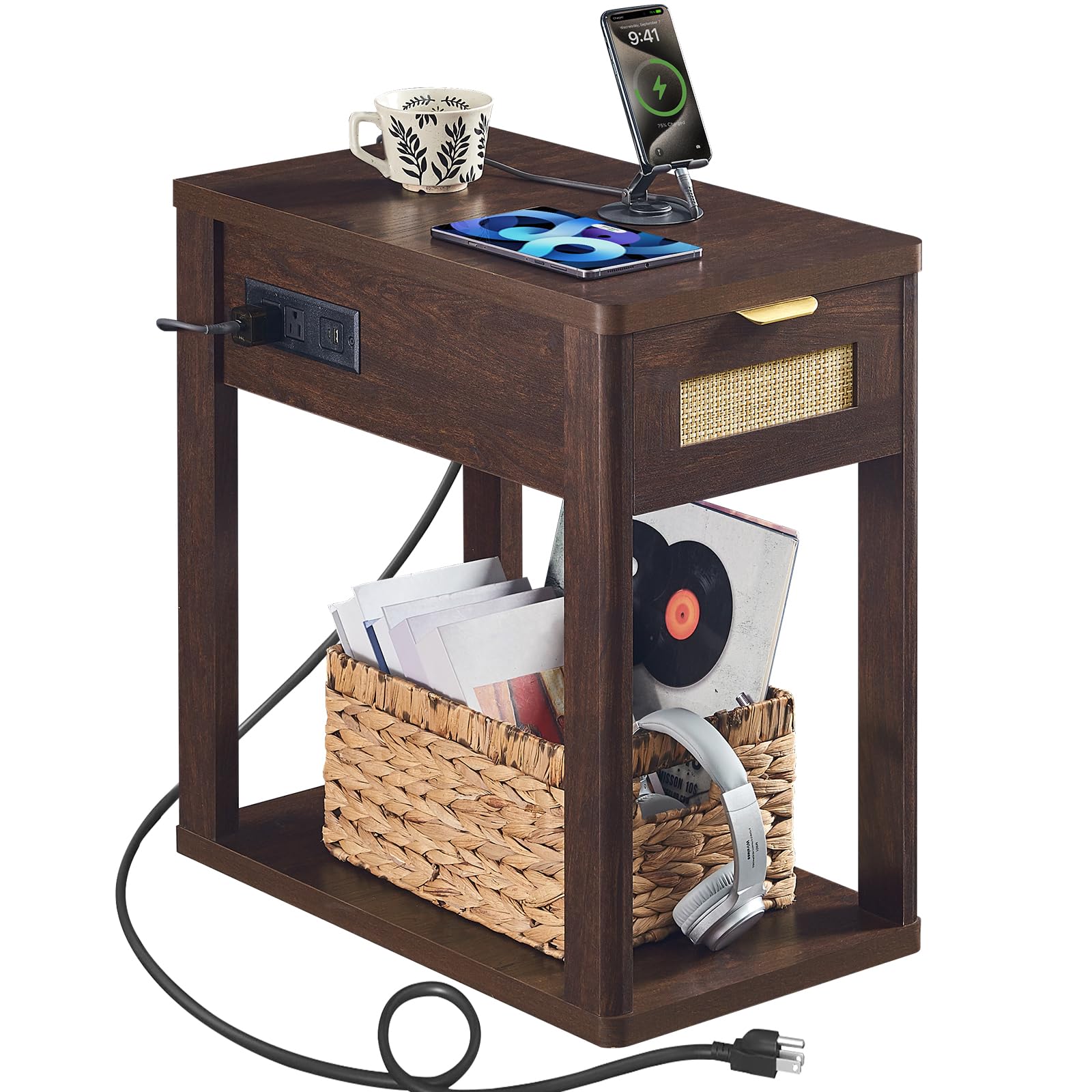 LEYAOYAO Narrow Side Table with Charging Station, Rattan 24 x 14''