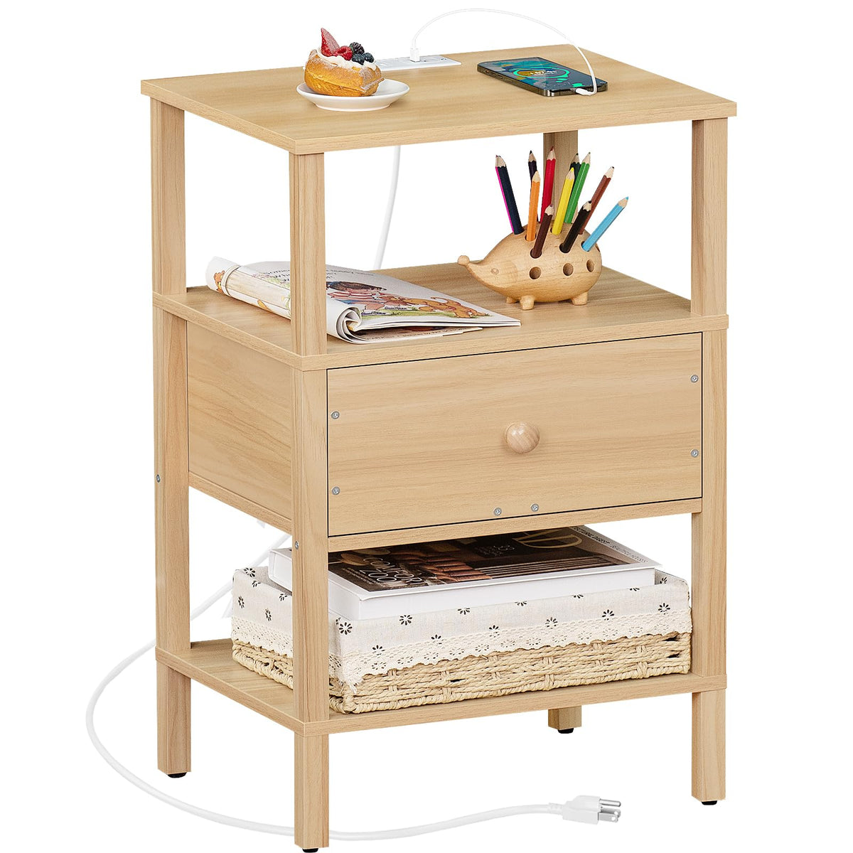 Lerliuo Nightstand with Charging Station and USB Ports, 3-Tier Storage End Table with Drawer Shelf, Night Stand for Small Spaces, Wood Bedside Table for Living Room, Bedroom - Retro Brown…