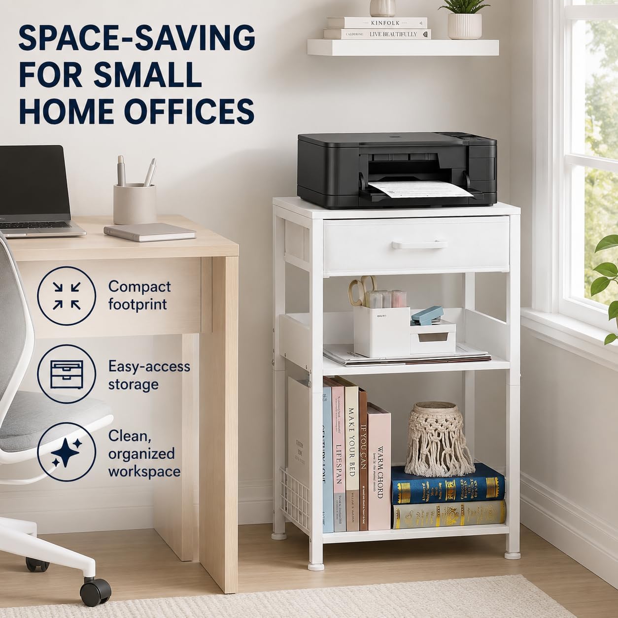 Lerliuo Printer Stand with Storage, 3-Tier Printer Table with Drawer, White
