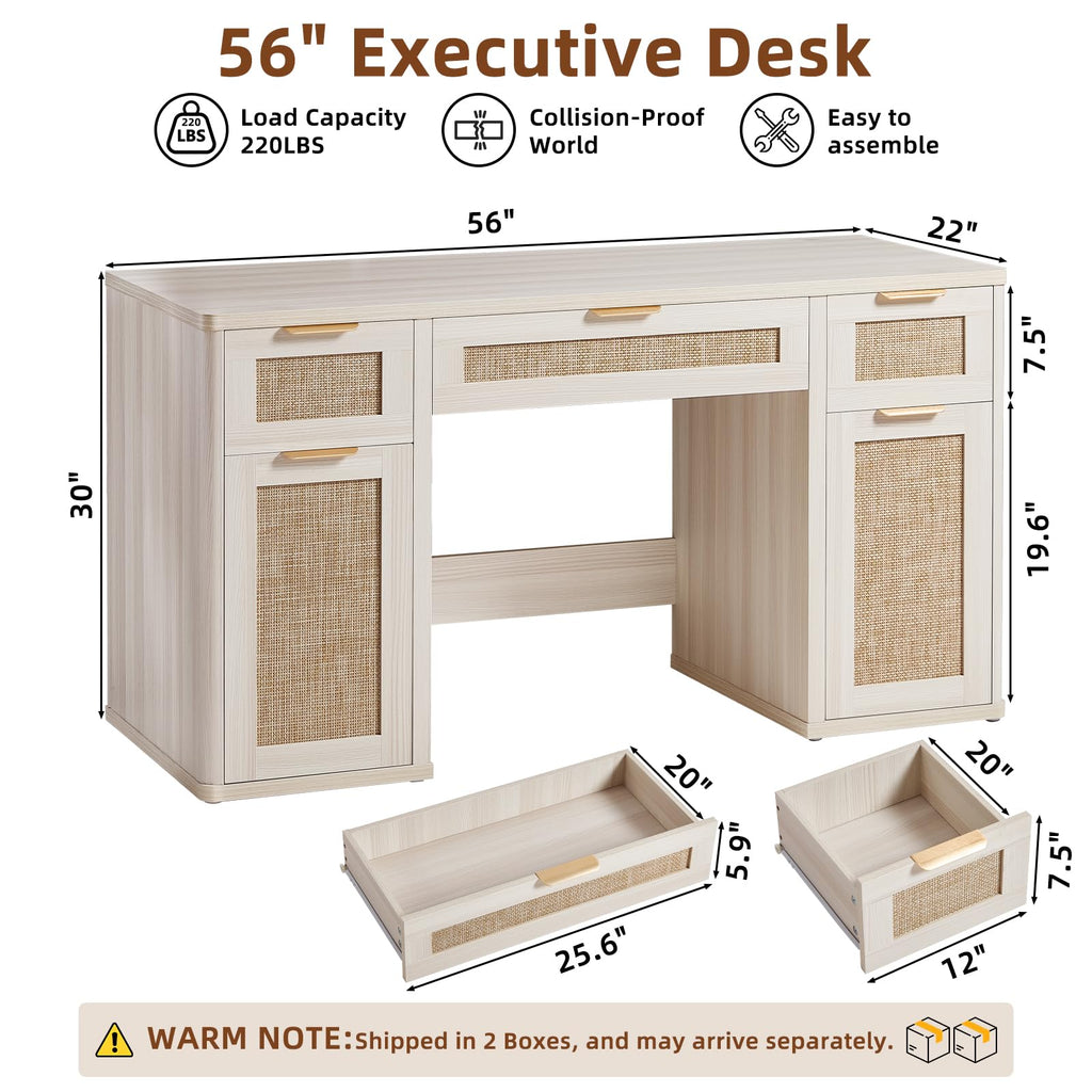 LEYAOYAO Office Desk 56" with 5 Drawers Storage File Cabinet, Natural