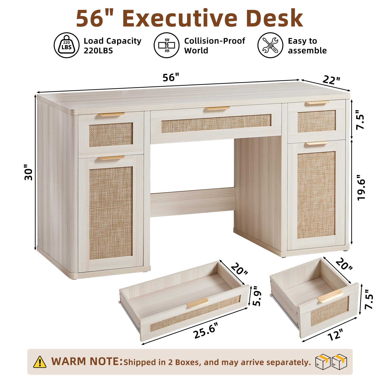 LEYAOYAO Office Desk 56" with 5 Drawers Storage File Cabinet, Natural