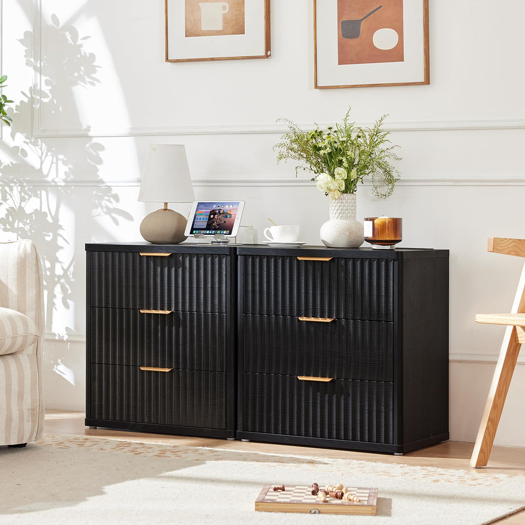 LEYAOYAO Fluted Dressers & Nightstand Set of 4, Wood 48" Wide Dresser & 42" Tall Chest of Drawers,Modern Bedroom Furniture Sets, Natural Wooden Nightstand Set of 2 with 3 Drawers & Charging Station