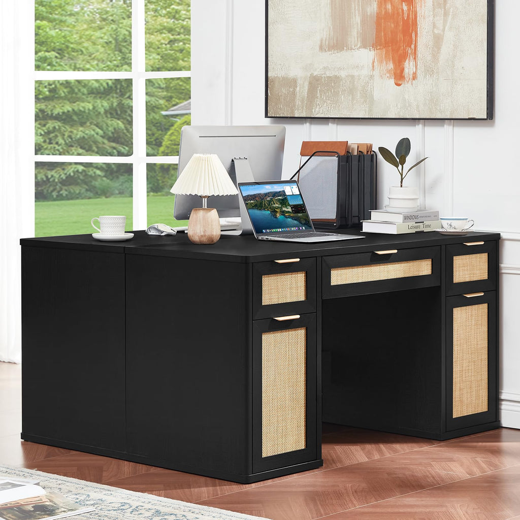 LEYAOYAO Office Desk 56" with 5 Drawers Storage File Cabinet, Natural