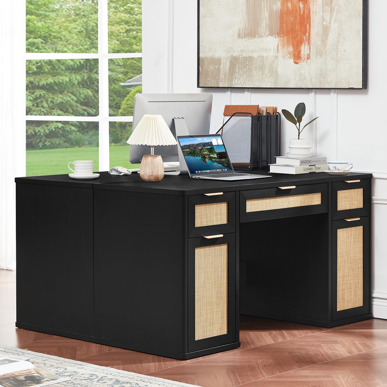 LEYAOYAO Office Desk 56" with 5 Drawers Storage File Cabinet, Natural