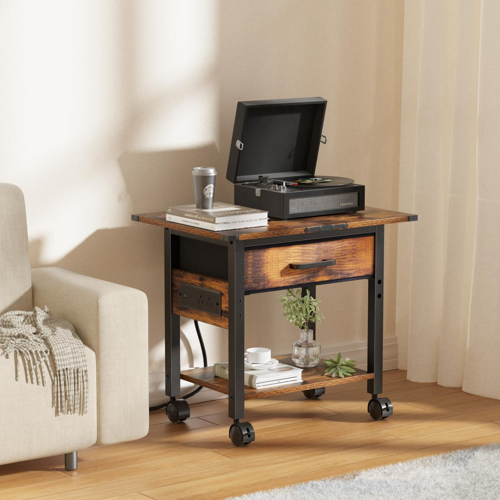 Lerliuo Under Desk Rolling Printer Stand with Drawer, 2-Tier Industrial Mobile Printer Table Desk with Storage Shelf and Steel Frame, Printer Cart Holder with Lockable Wheels for Home, Office (Brown)