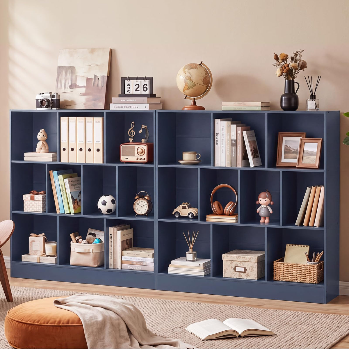 LEYAOYAO 7 Cube Bookshelf with Base,3 Tier Mid-Century Modern Blue Bookcase,Standing Wide Bookshelves Storage Organizer Shelf,Rustic Wood Display Cabinet Book Shelves for Bedroom,Living Room,Office