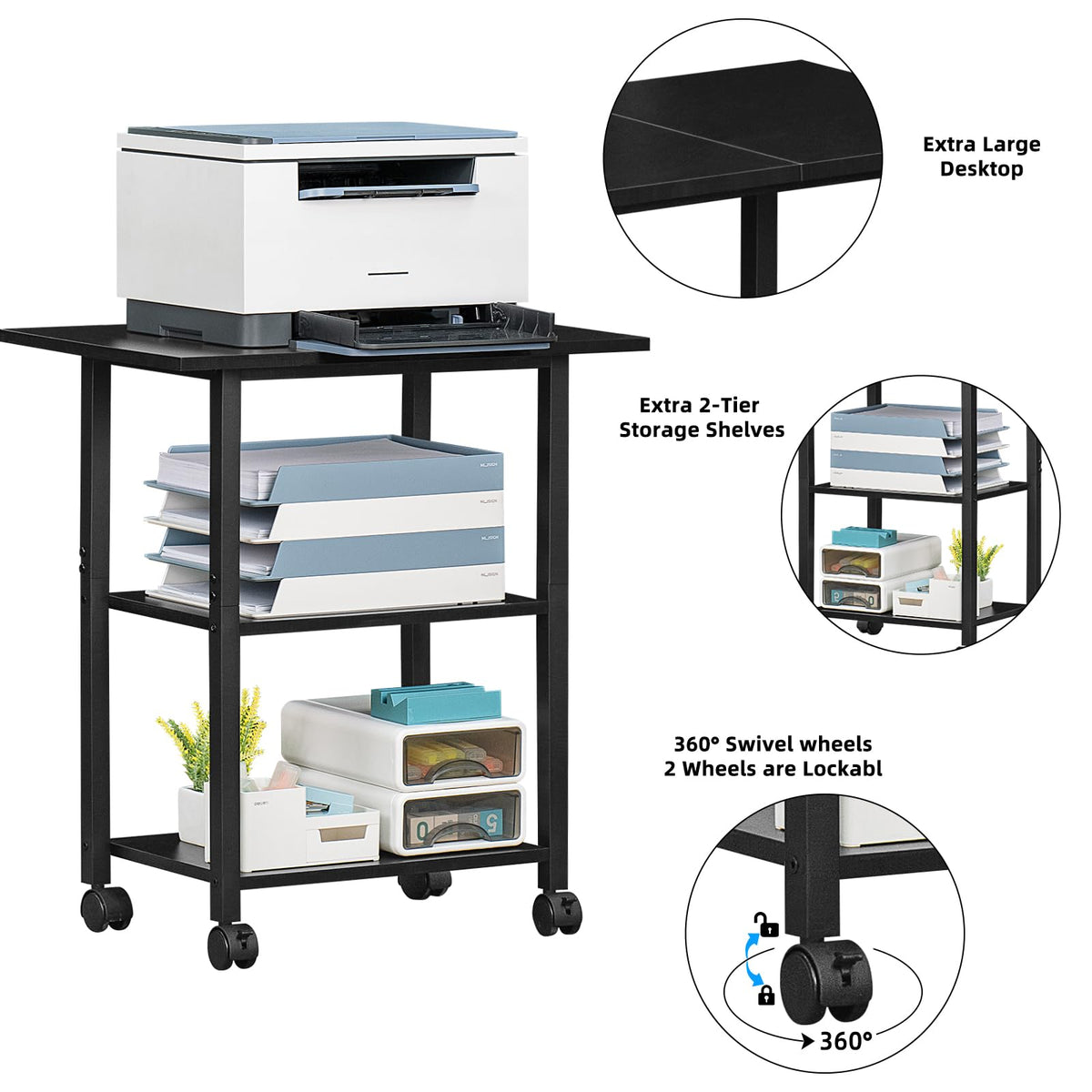 Lerliuo 3-Tier Printer Stand, Industrial Mobile Printer Table with Storage Shelf and Steel Frame, Rolling Printer Cart Holder with Lockable Wheels for Home, Office (White)