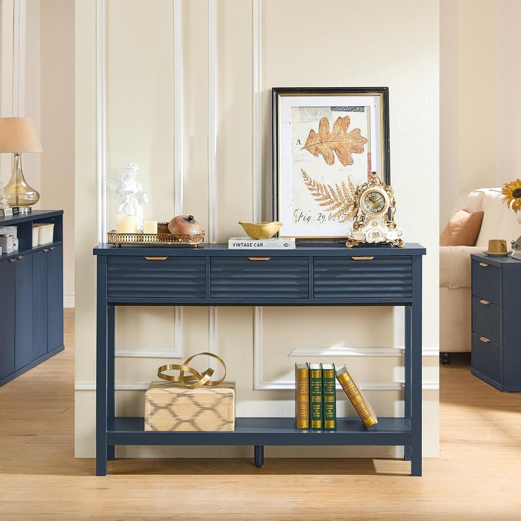LEYAOYAO 47.2" Fluted Console Table with 3 Drawers, Blue Entryway Table
