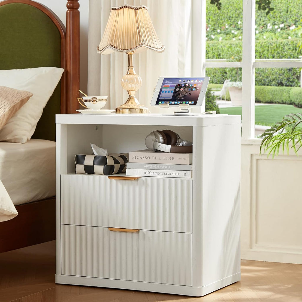 LEYAOYAO Fluted Dresser and Nightstand Sets, Wood 48" Wide Dresser & 23" Night Stand with Charging Station, 2 Piece Bedroom Furniture Set, Chest of Drawers for Bedroom, Home, Living Room,Antique White