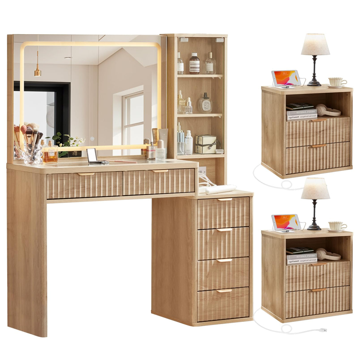 LEYAOYAO Vanity Mirror with Lights and Night Stand Sets, 43.5" Fluted Makeup Vanity with 6 Drawers and Power Outlet, 3 Drawers 23" End Side Table, Natural Wood Makeup Table Bedroom Furniture Set of 2