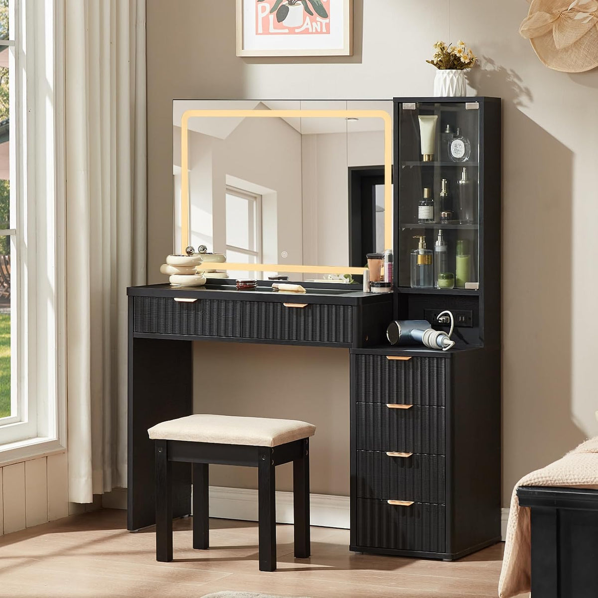 LEYAOYAO Fluted Makeup Vanity Desk with Mirror and Lights, Stool Sets