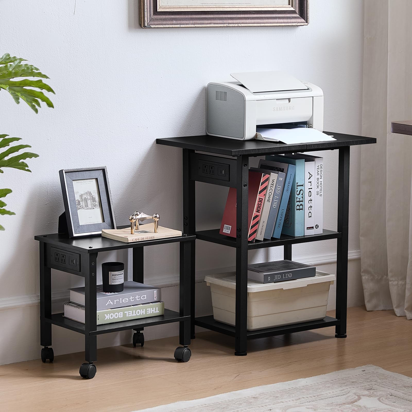 Lerliuo 3-Tier Printer Stand, Industrial Mobile Printer Table with Storage Shelf and Steel Frame, Rolling Printer Cart Holder with Lockable Wheels for Home, Office (White)