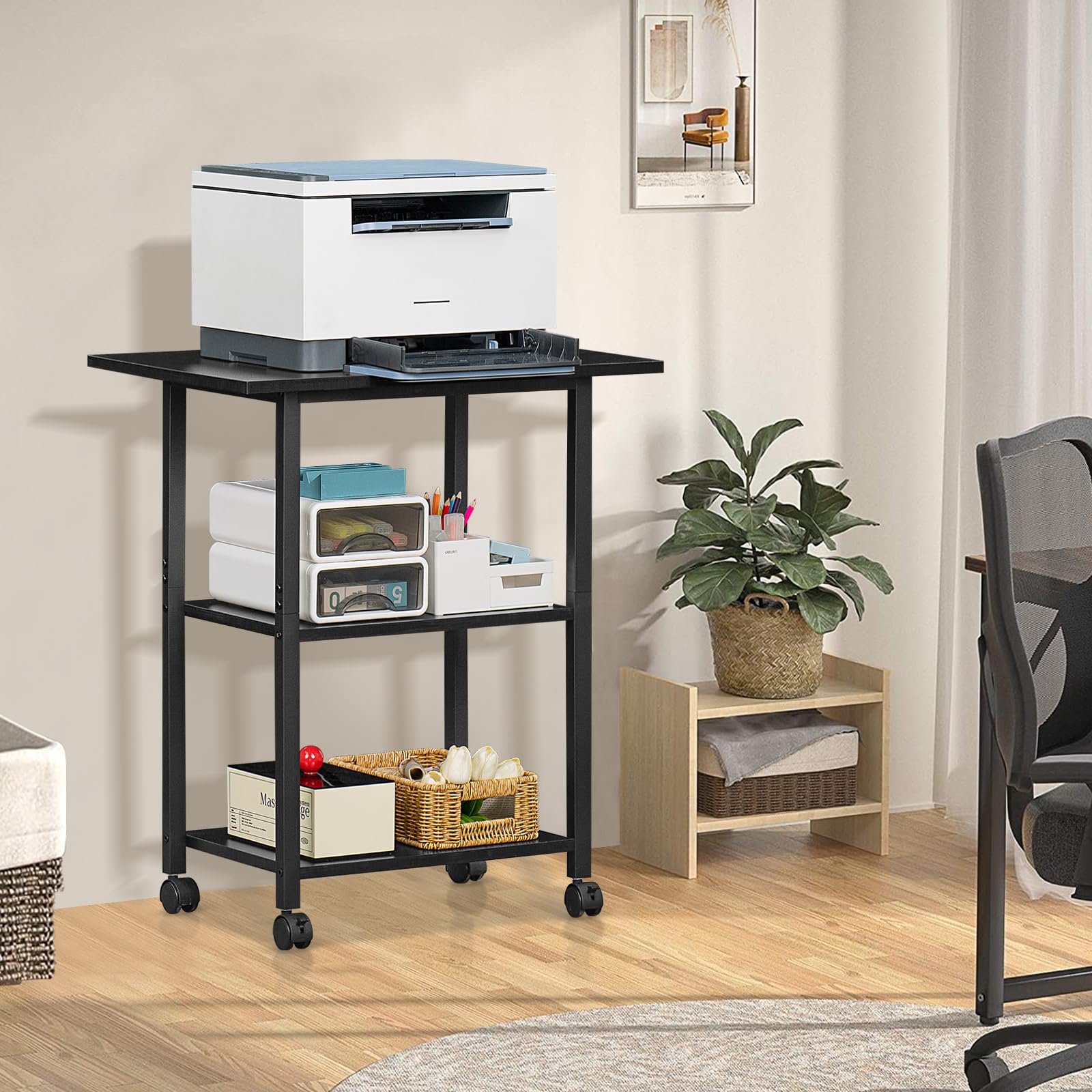Lerliuo 3-Tier Printer Stand, Industrial Mobile Printer Table with Storage Shelf and Steel Frame, Rolling Printer Cart Holder with Lockable Wheels for Home, Office (White)