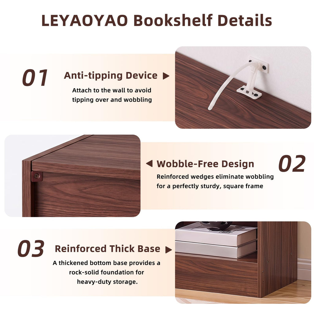 LEYAOYAO 7 Cube Bookshelf with Base,3 Tier Mid-Century Modern Blue Bookcase,Standing Wide Bookshelves Storage Organizer Shelf,Rustic Wood Display Cabinet Book Shelves for Bedroom,Living Room,Office