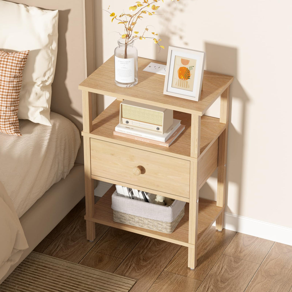 Lerliuo Nightstand with Charging Station and USB Ports, 3-Tier Storage End Table with Drawer Shelf, Night Stand for Small Spaces, Wood Bedside Table for Living Room, Bedroom - Retro Brown…