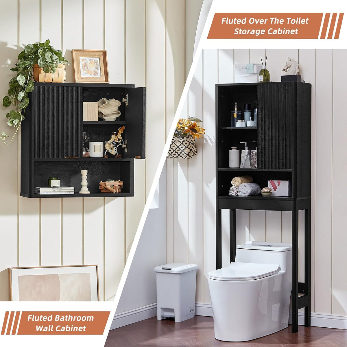 LEYAOYAO Fluted Over The Toilet Storage Cabinet & Bathroom Wall Cabinet Set of 2, Farmhouse Above Toilet Organizer, Medicine Cabinet w/Adjustable Shelf & Doors for Laundry Living Room Kitchen(Black)