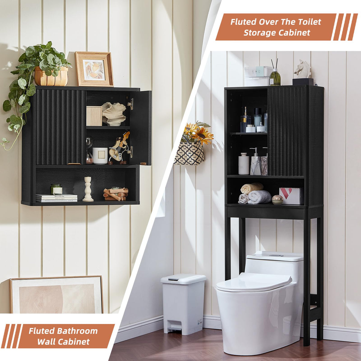LEYAOYAO Fluted Over The Toilet Storage Cabinet & Bathroom Wall Cabinet Set of 2, Farmhouse Above Toilet Organizer, Medicine Cabinet w/Adjustable Shelf & Doors for Laundry Living Room Kitchen(Black)