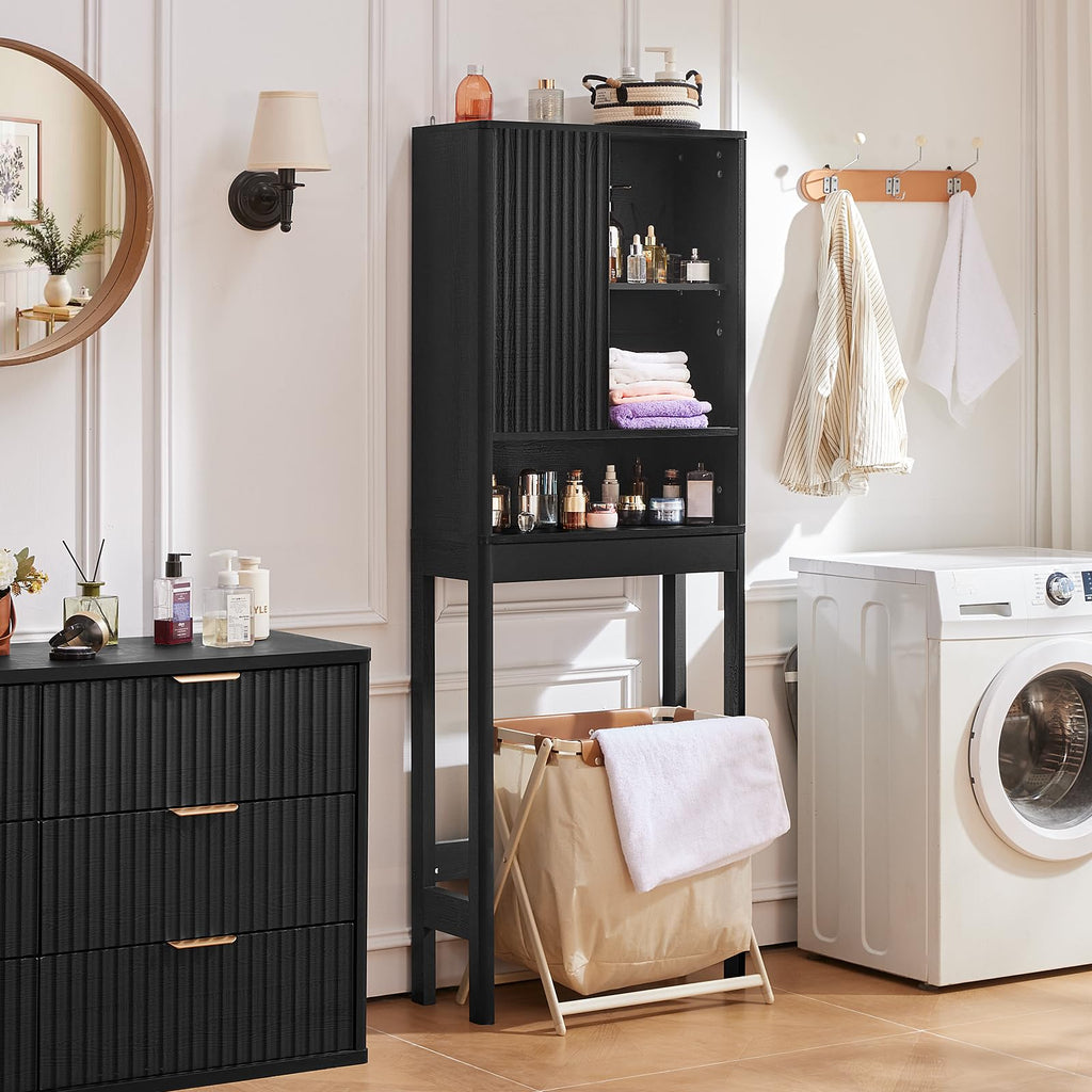 LEYAOYAO Fluted Over The Toilet Storage Cabinet & Bathroom Wall Cabinet Set of 2, Farmhouse Above Toilet Organizer, Medicine Cabinet w/Adjustable Shelf & Doors for Laundry Living Room Kitchen(Black)