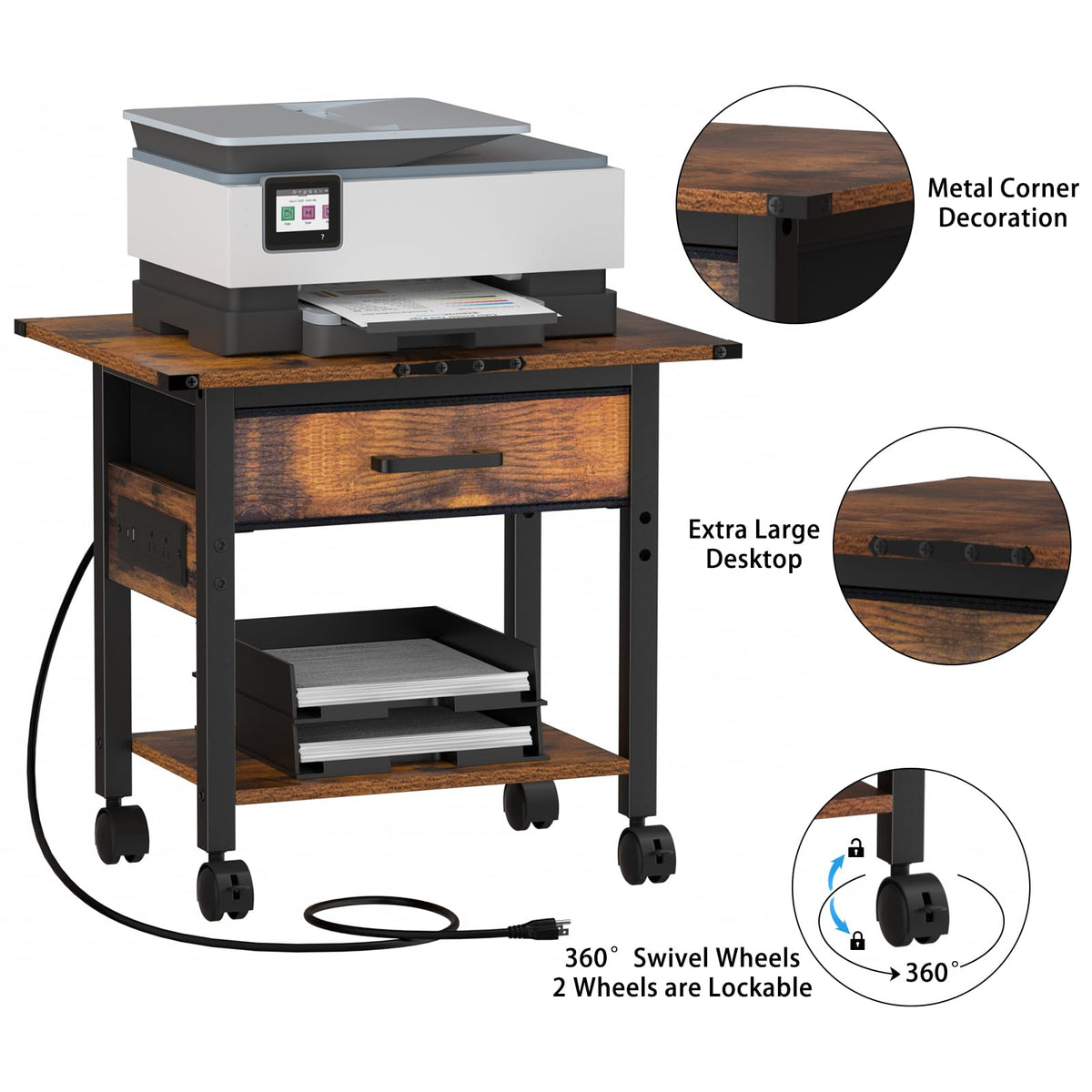 Lerliuo Under Desk Rolling Printer Stand with Drawer, 2-Tier Industrial Mobile Printer Table Desk with Storage Shelf and Steel Frame, Printer Cart Holder with Lockable Wheels for Home, Office (Brown)