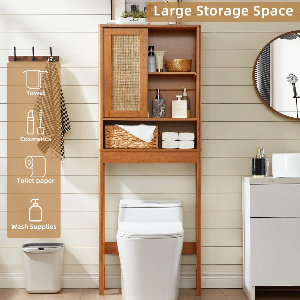 Lerliuo Rattan Bathroom Wall Cabinet, Boho Natural Medicine Cabinet with Adjustable Wood Shelf, 2 Doors Over The Toilet Storage Cabinets for Laundry Room, Kitchen, Living Room