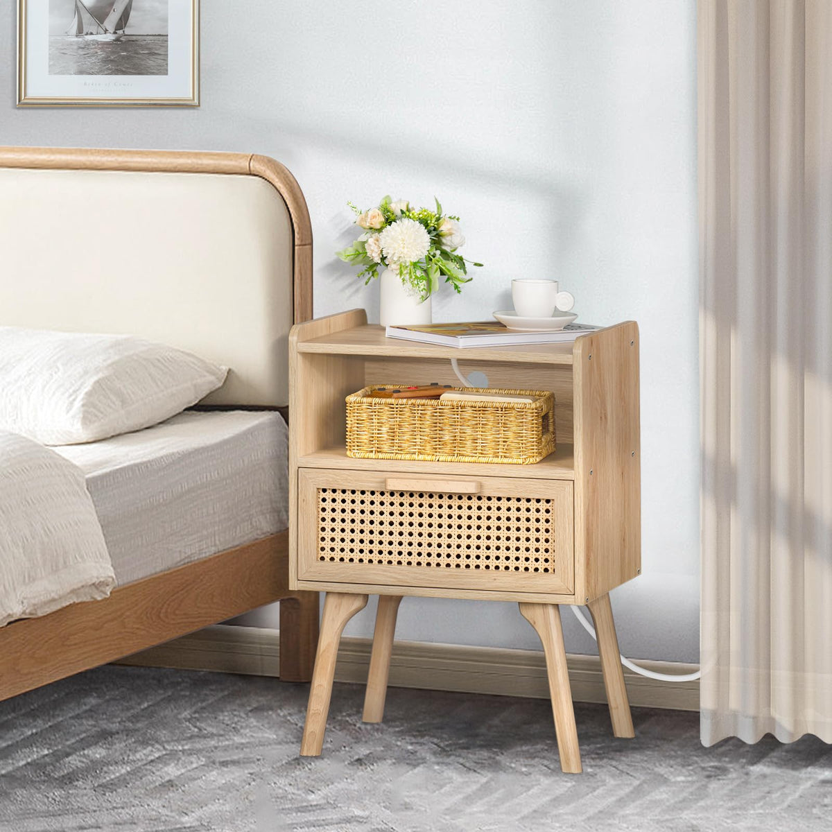 Lerliuo Rattan Nightstand with Charging Station, Boho Night Stand