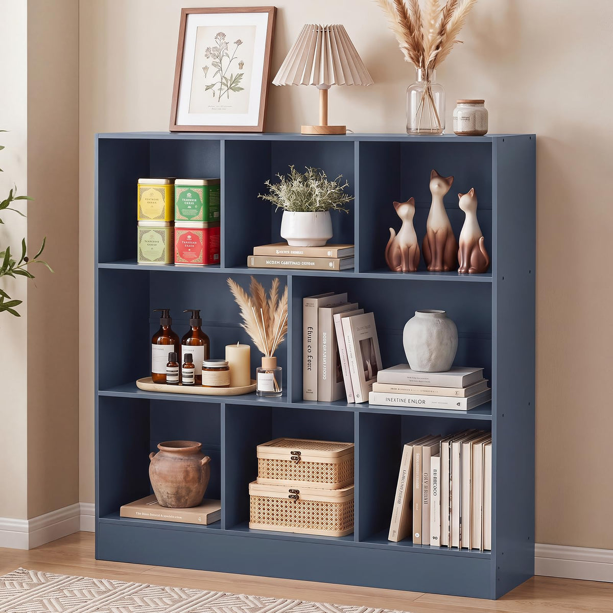 LEYAOYAO 7 Cube Bookshelf with Base,3 Tier Mid-Century Modern Blue Bookcase,Standing Wide Bookshelves Storage Organizer Shelf,Rustic Wood Display Cabinet Book Shelves for Bedroom,Living Room,Office