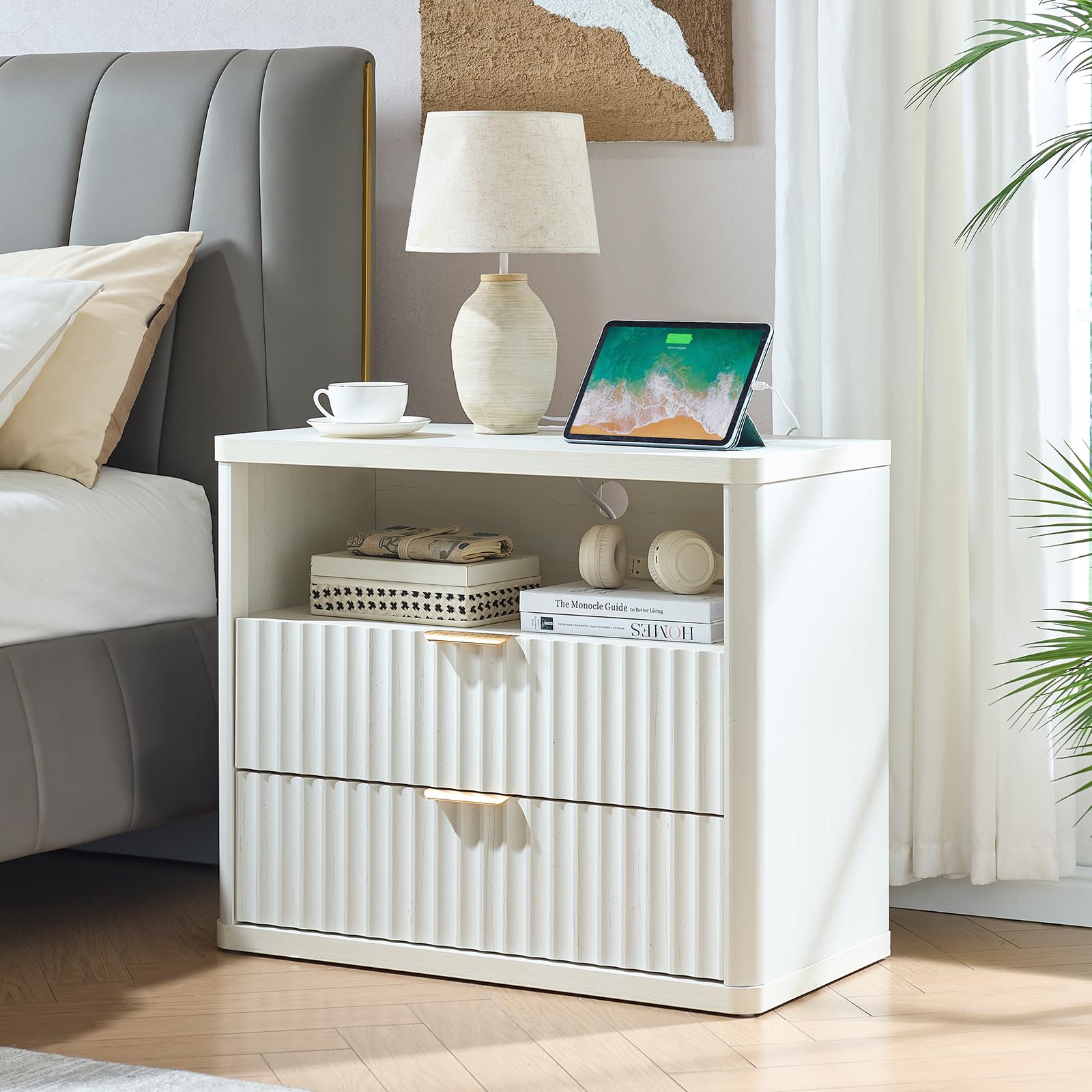 LEYAOYAO 31" Wide Fluted Nightstand with Charging Station, Oversized Extra Large 1 Drawer Night Stand with Golden Handle, Antique White Bedside Table Tall End Tables,for Bedroom, Living Room, Hallway