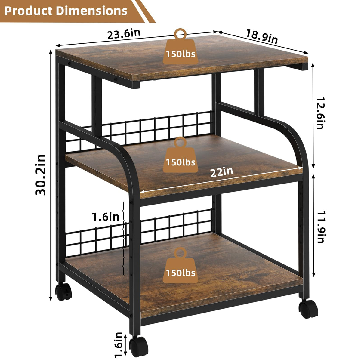 Lerliuo 3 Tier Black Large Printer Stand with Adjustable Storage Shelf