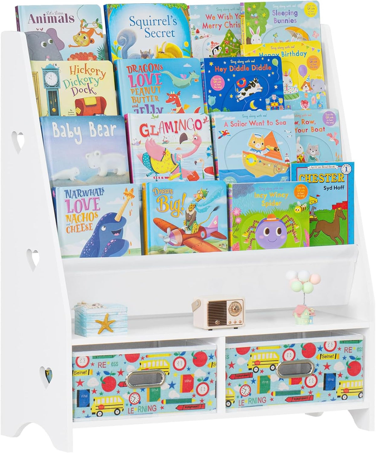 Lerliuo 5 Tier Kids Bookshelf, White Children Sling Book Shelf with 2 Drawers, Baby Toddler Wooden Bookcase and Book Rack, Display Shelves Storage Organizer for Classroom, Playroom, Bedroom, Nursery