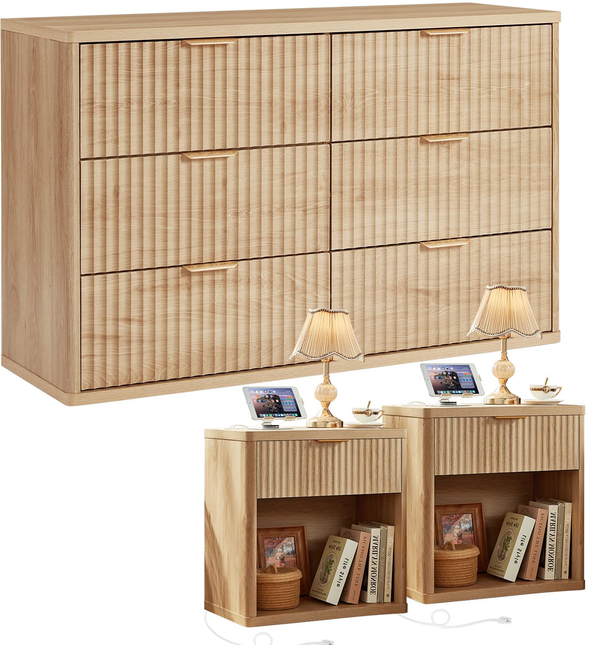 LEYAOYAO 48" Wide Fluted Dresser and 1 Drawers 23" Nightstand Set of 2, Wooden Dresser & Night Stand with Charging Station, 3 Piece Bedroom Furniture Set, Chest of Drawer for Living Room,Antique White