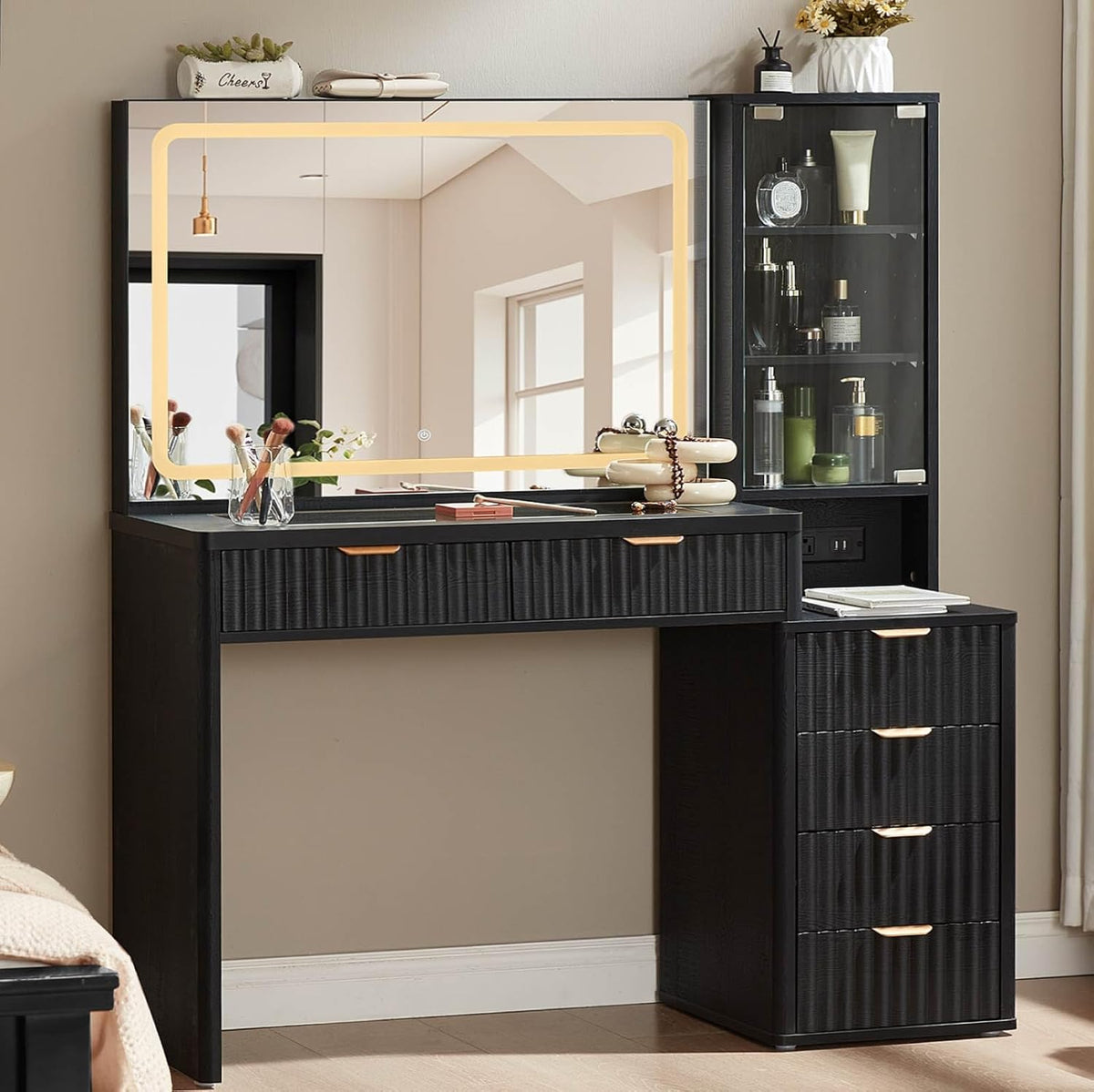 LEYAOYAO Fluted Makeup Vanity Desk with Mirror and Lights, 43.5''