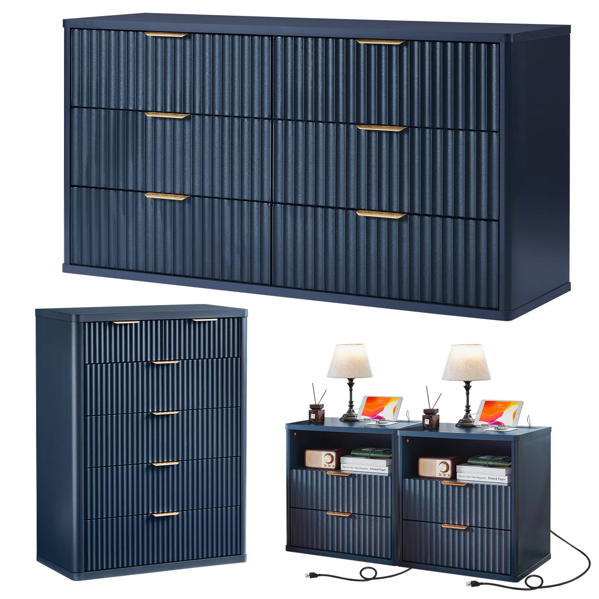 LEYAOYAO Fluted Dressers & Nightstand Set of 4, Wood 48" Wide Dresser & 42" Tall Chest of Drawers,Modern Bedroom Furniture Sets, Black Wooden Nightstand Set of 2 with 2 Drawers & Charging Station