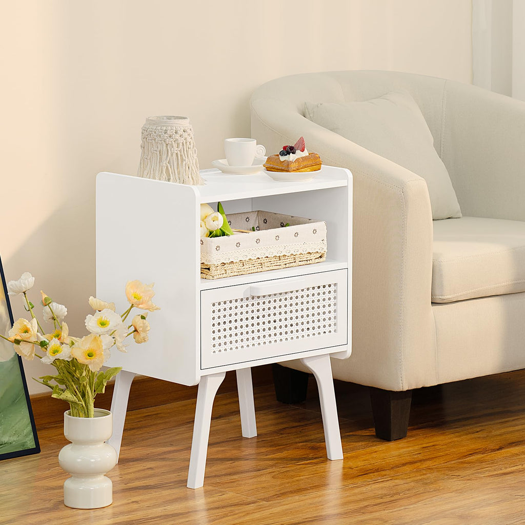 Lerliuo Rattan Nightstand with Charging Station, Boho Night Stand