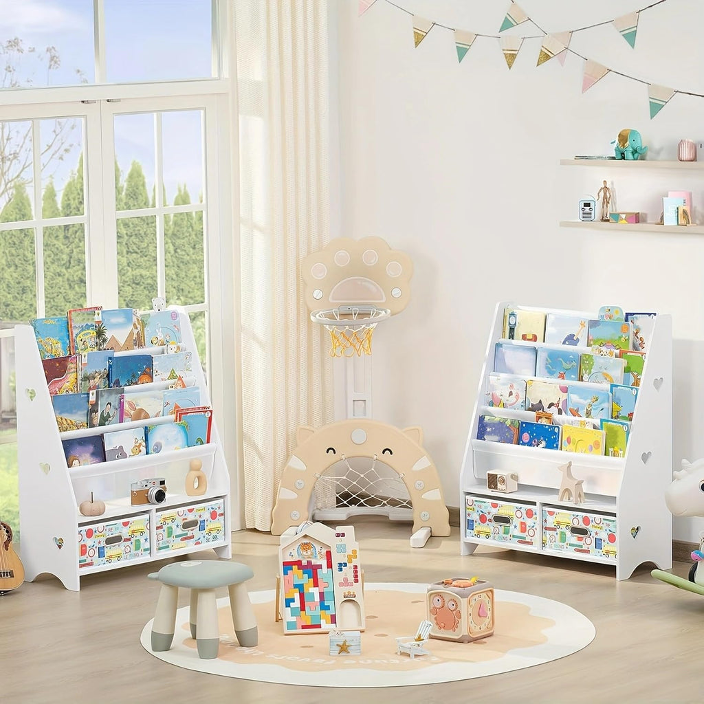 Lerliuo 5 Tier Kids Bookshelf, White Children Sling Book Shelf with 2 Drawers, Baby Toddler Wooden Bookcase and Book Rack, Display Shelves Storage Organizer for Classroom, Playroom, Bedroom, Nursery