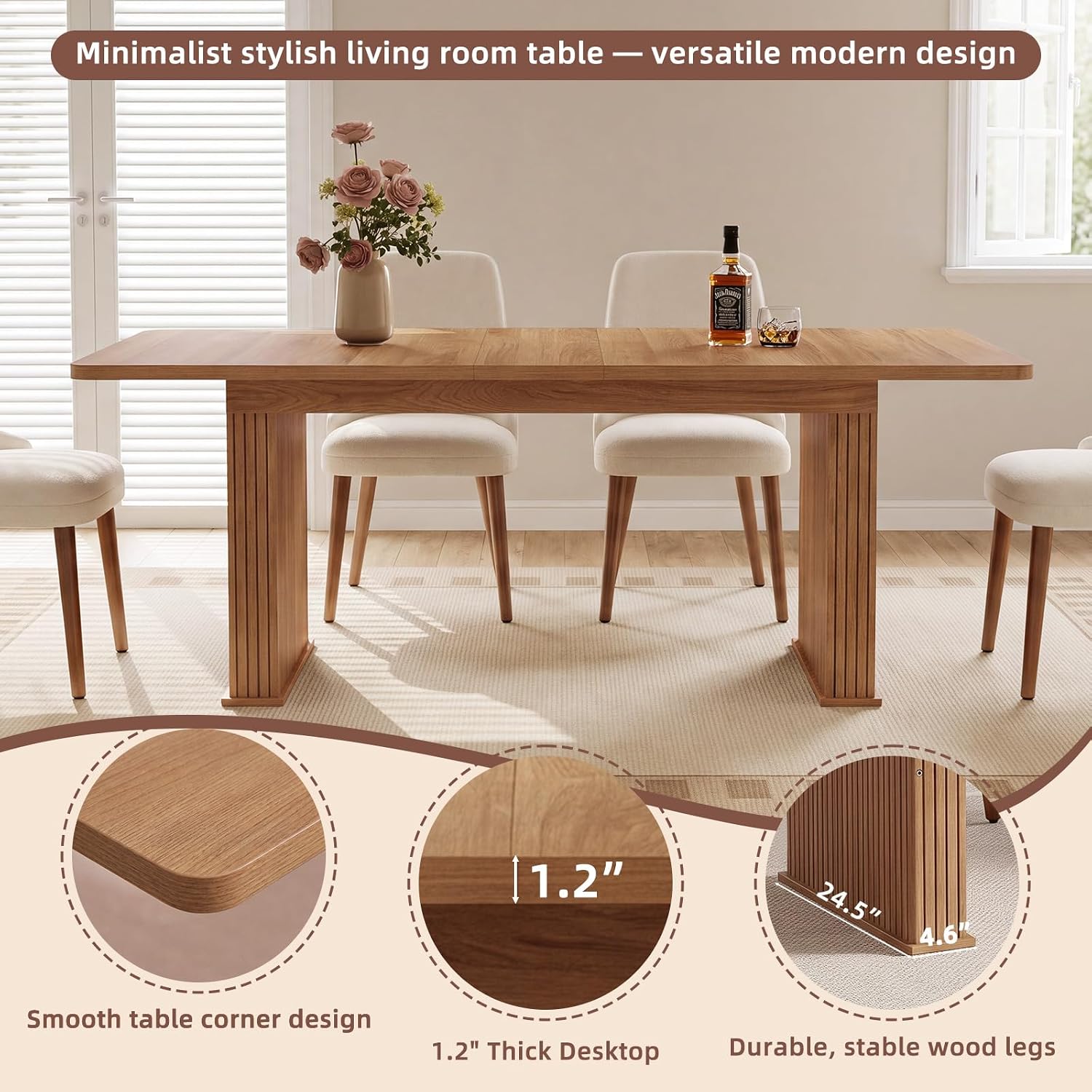 LEYAOYAO Extendable Dining Table for 4-6,63"–79" with Fluted Base(Brown)