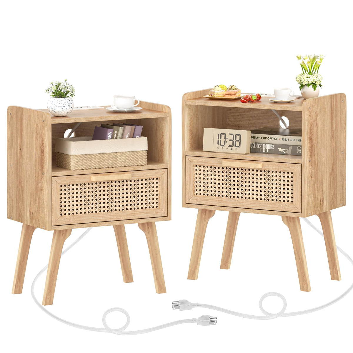 Lerliuo Rattan Nightstand, Boho Side Table with Drawer Open Shelf