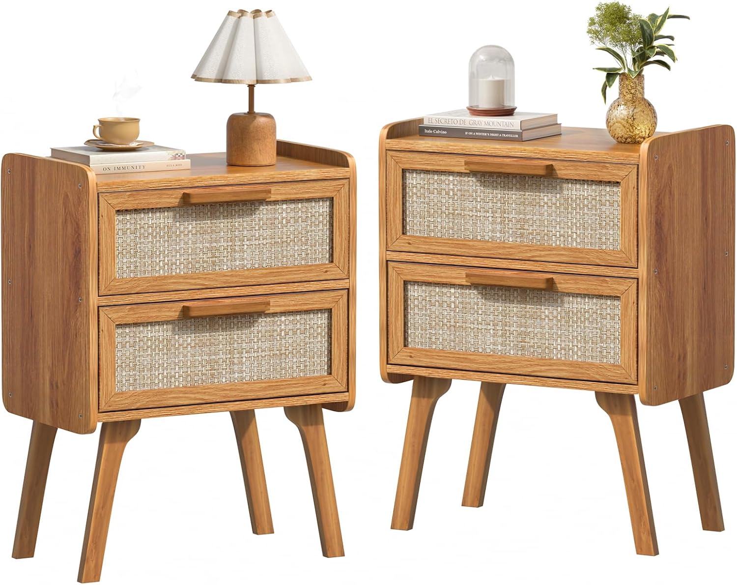 Lerliuo Rattan Nightstands Set of 2 for Bedroom, 2 Drawers