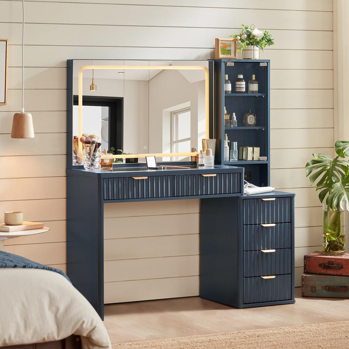 LEYAOYAO Vanity Mirror with Lights and Night Stand Sets, 43.5" Fluted Makeup Vanity with 6 Drawers and Power Outlet, 3 Drawers 23" End Side Table, Natural Wood Makeup Table Bedroom Furniture Set of 2