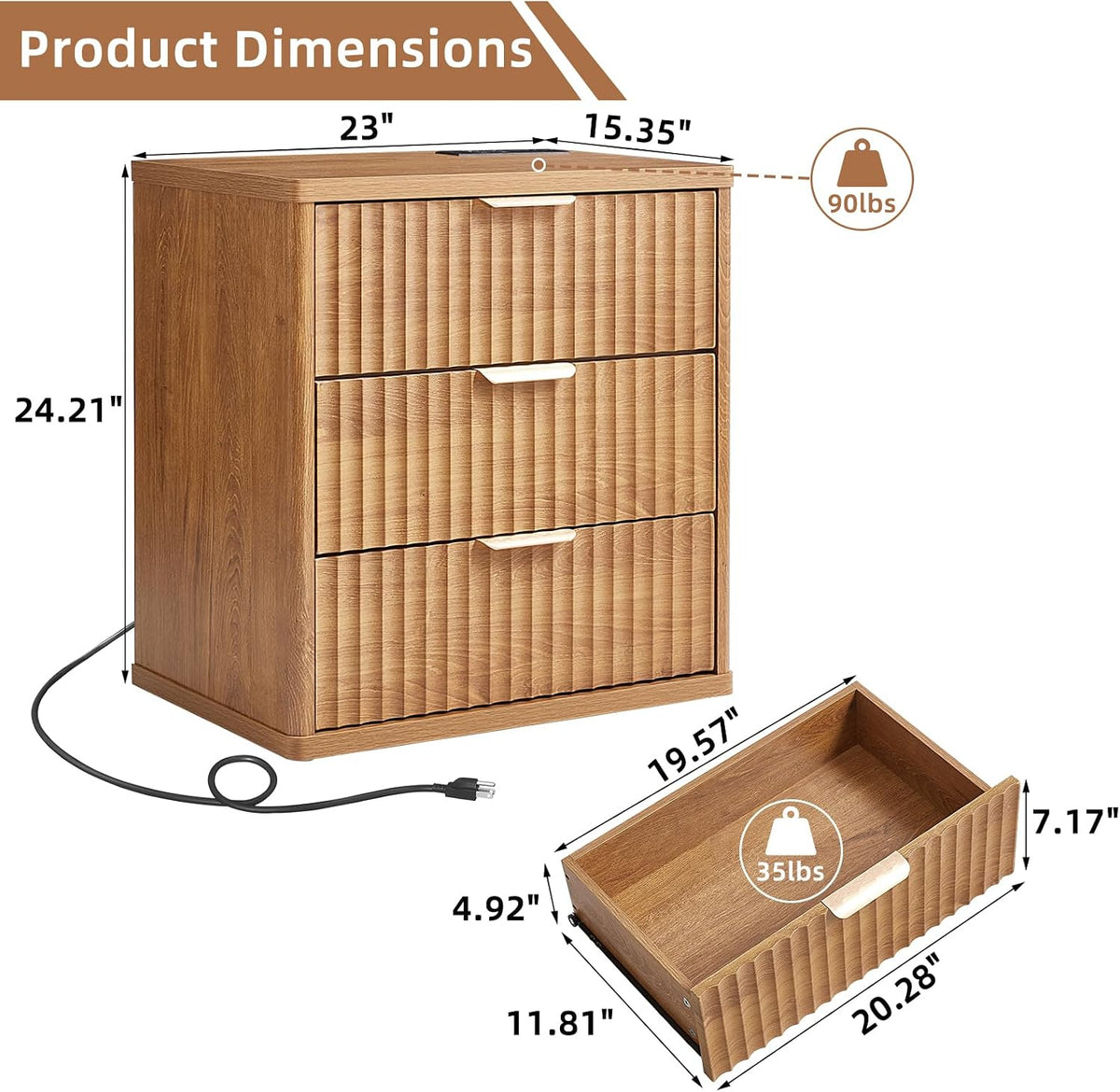 LEYAOYAO 23" Wide Fluted Night Stand with Charging Station, 3 Drawers Large End Table with Storage, Natural Nightstand Wood Bedside Tables, Farmhouse Cabinet Dresser for Bedroom, Closet