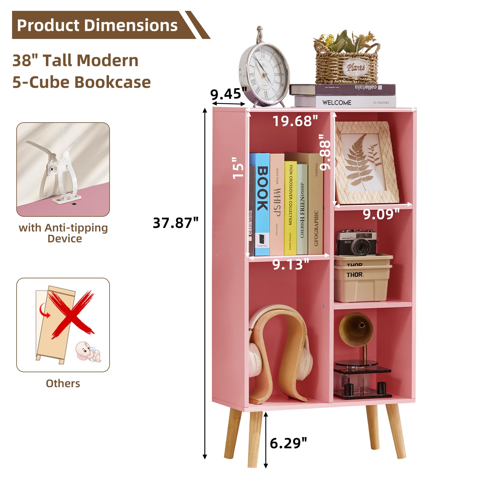 LEYAOYAO Cube Bookshelf, Mid-Century Modern Book Shelf with Legs, Brown
