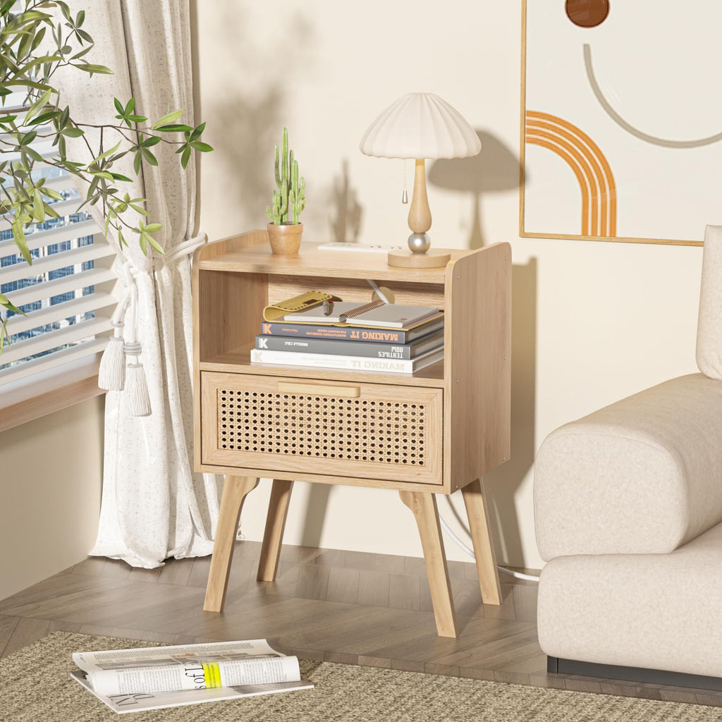 Lerliuo Rattan Nightstand, Boho Side Table with Drawer Open Shelf
