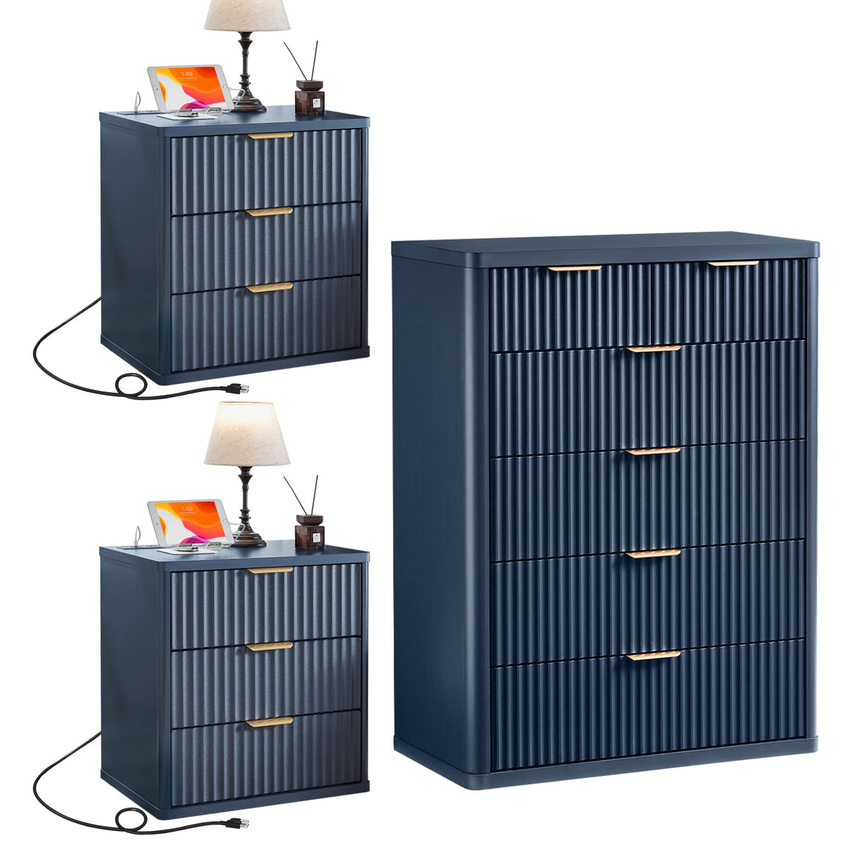 LEYAOYAO Fluted Dressers & Nightstand Set of 4, Wood 48" Wide Dresser & 42" Tall Chest of Drawers,Modern Bedroom Furniture Sets, Natural Wooden Nightstand Set of 2 with 3 Drawers & Charging Station