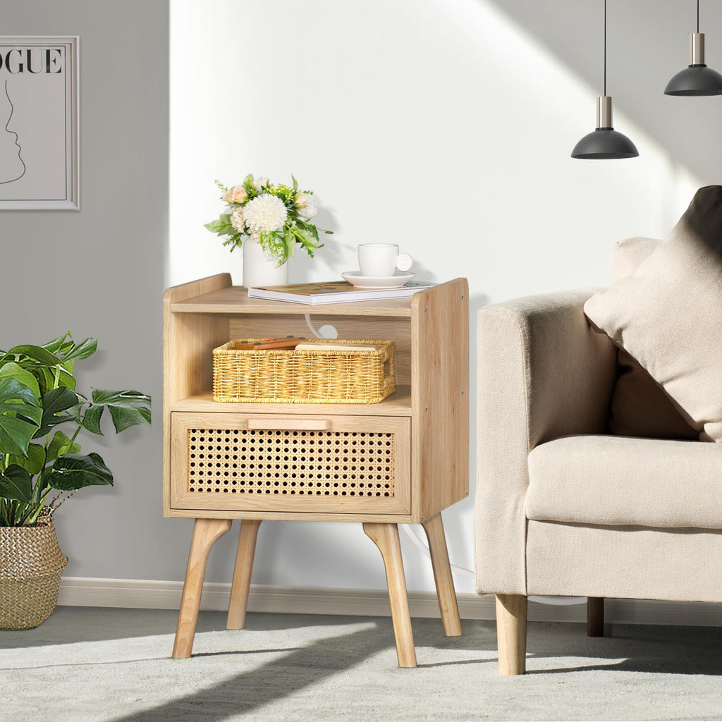 Lerliuo Rattan Nightstand with Charging Station, Boho Night Stand